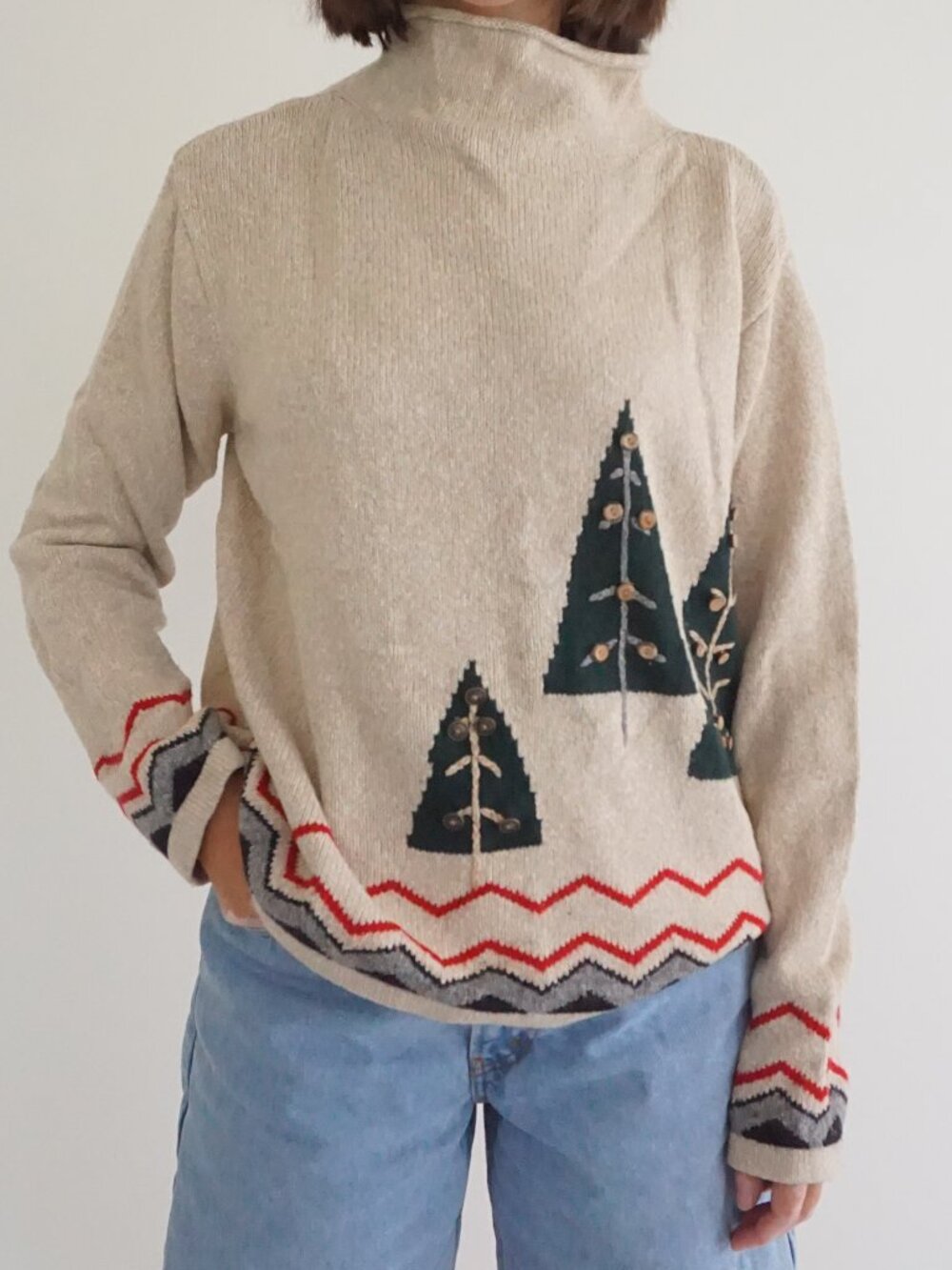 Vintage Crazy Horse Beige Green Christmas Trees Nordic Christmas Knit Sweater L